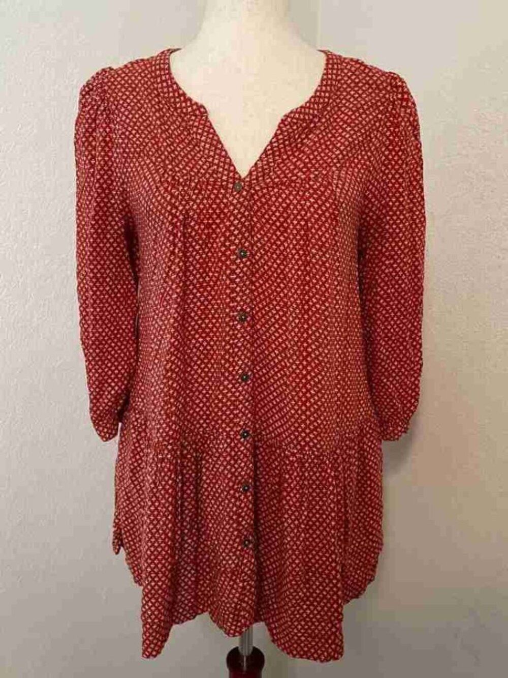 V-Neck Red Print Flowy Tunic Blouse